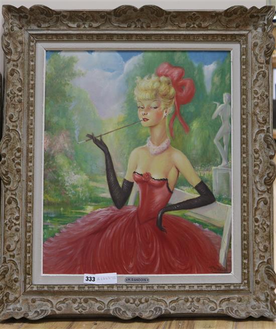 M. Randoin, oil on board, portrait of an elegant lady smoking a cigarette, signed, 54 x 45cm